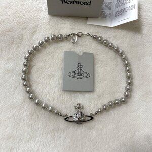 Vivienne Westwood Necklace Pearl Choker Silver Pearl (Gray) IN BOX